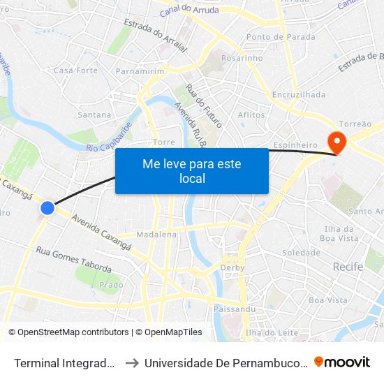 Terminal Integrado Getúlio Vargas to Universidade De Pernambuco - Campus Santo Amaro map