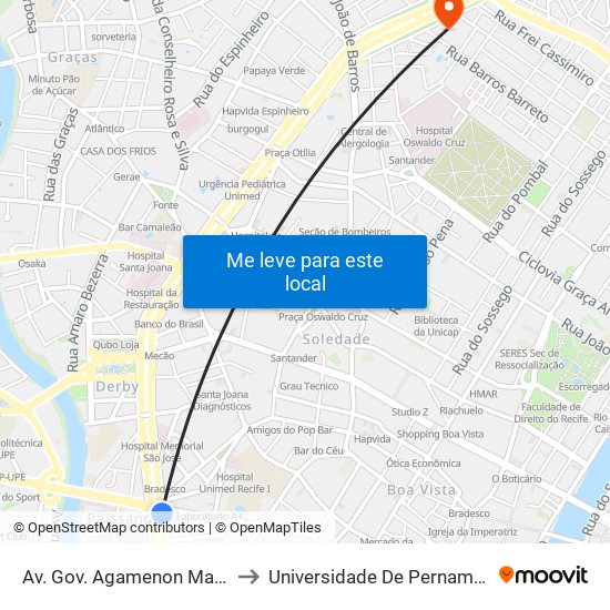 Av. Gov. Agamenon Magalhães 156 - Pista Central to Universidade De Pernambuco - Campus Santo Amaro map