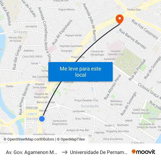 Av. Gov. Agamenon Magalhães 211 - Pista Local to Universidade De Pernambuco - Campus Santo Amaro map