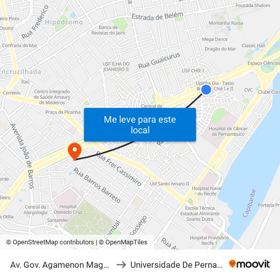 Av. Gov. Agamenon Magalhães 1101 | Shopping Tacaruna to Universidade De Pernambuco - Campus Santo Amaro map