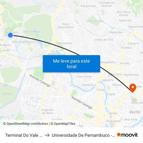 Terminal Do Vale Das Pedreiras to Universidade De Pernambuco - Campus Santo Amaro map