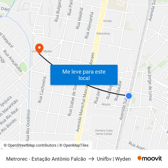 Metrorec - Estação Antônio Falcão to Unifbv | Wyden map