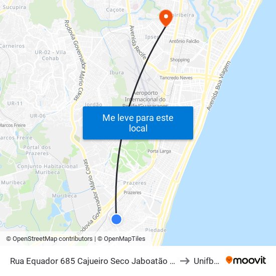 Rua Equador 685 Cajueiro Seco Jaboatão Dos Guararapes - Pernambuco 54410 Brasil to Unifbv | Wyden map