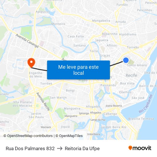 Rua Dos Palmares 832 to Reitoria Da Ufpe map