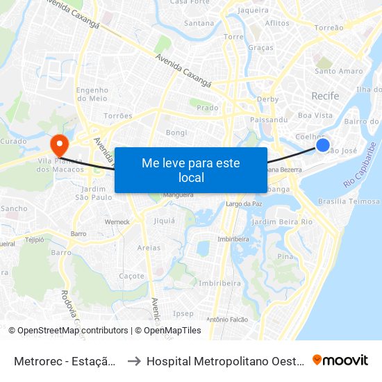 Metrorec - Estação Central Recife to Hospital Metropolitano Oeste – Pelópidas Silveira map