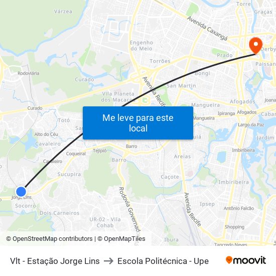 Vlt - Estação Jorge Lins to Escola Politécnica - Upe map