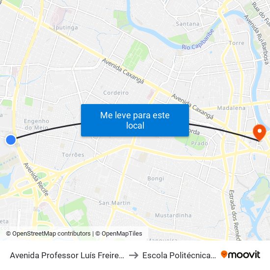Avenida Professor Luís Freire 110-54 to Escola Politécnica - Upe map