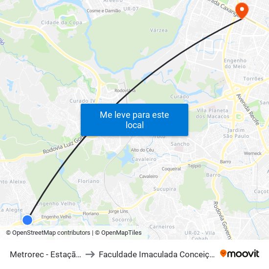 Metrorec - Estação Jaboatão to Faculdade Imaculada Conceição Do Recife - Ficr map