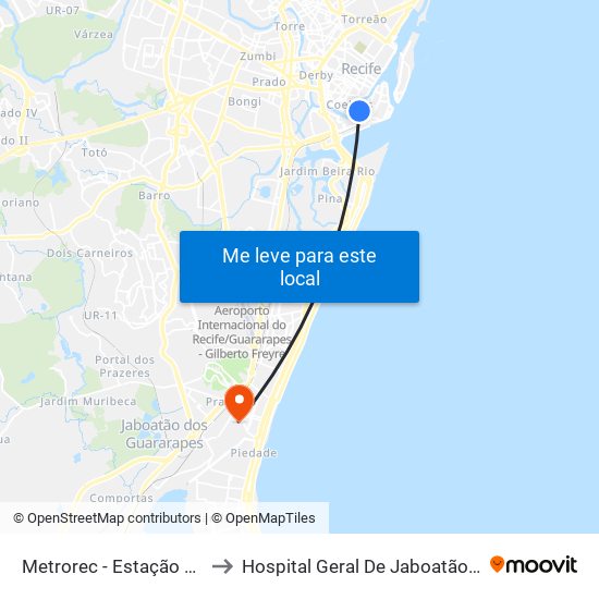 Metrorec - Estação Central Recife to Hospital Geral De Jaboatão Dos Guararapes map