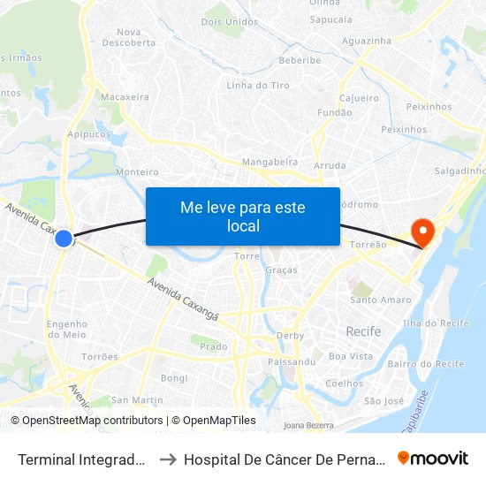 Terminal Integrado Cdu to Hospital De Câncer De Pernambuco map