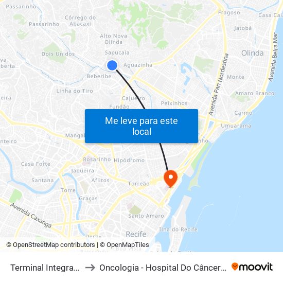 Terminal Integrado Xambá to Oncologia - Hospital Do Câncer De Pernambuco map