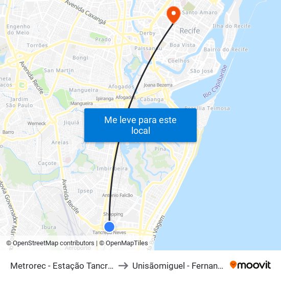 Metrorec - Estação Tancredo Neves to Unisãomiguel - Fernandes Vieira map