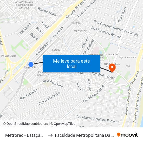 Metrorec - Estação Cajueiro Seco to Faculdade Metropolitana Da Grande Recife - Fmgr map