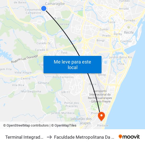 Terminal Integrado Camaragibe to Faculdade Metropolitana Da Grande Recife - Fmgr map