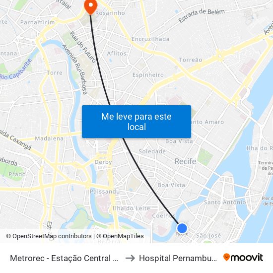 Metrorec - Estação Central Recife to Hospital Pernambucano map