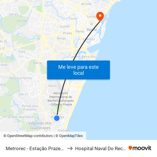 Metrorec - Estação Prazeres to Hospital Naval Do Recife map
