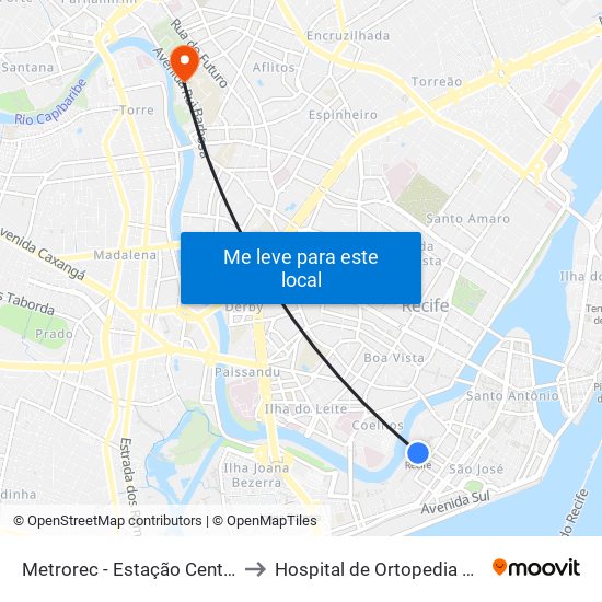 Metrorec - Estação Central Recife to Hospital de Ortopedia e Fraturas map