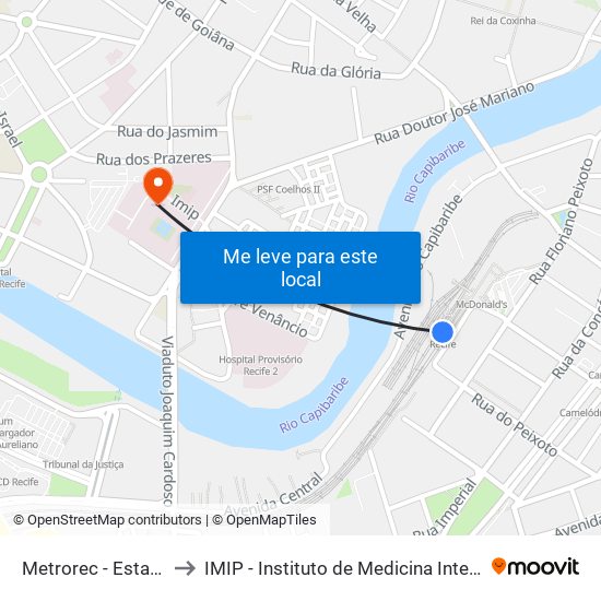 Metrorec - Estação Central Recife to IMIP - Instituto de Medicina Integral Professor Fernando Figueira map