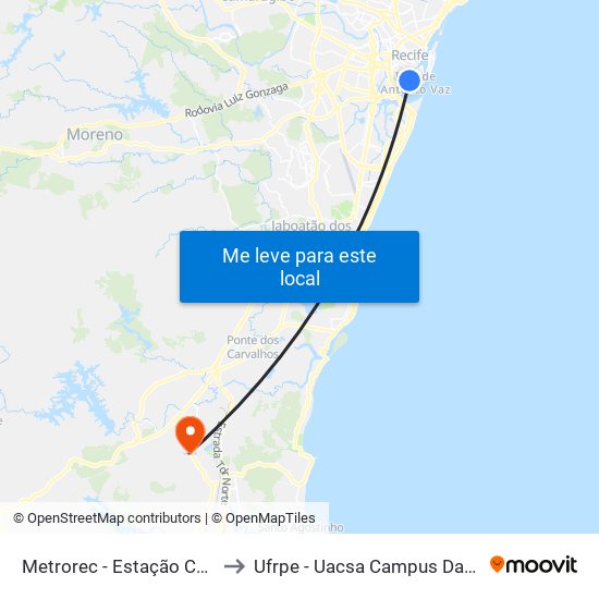 Metrorec - Estação Central Recife to Ufrpe - Uacsa Campus Das Engenharias map