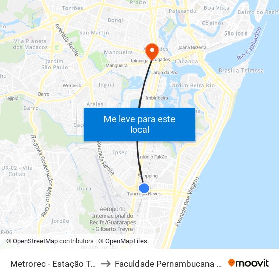 Metrorec - Estação Tancredo Neves to Faculdade Pernambucana De Ensino Superior map