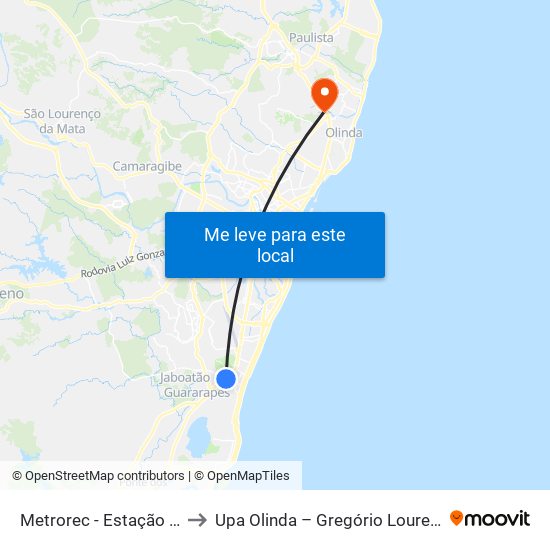 Metrorec - Estação Prazeres to Upa Olinda – Gregório Lourenço Bezerra map