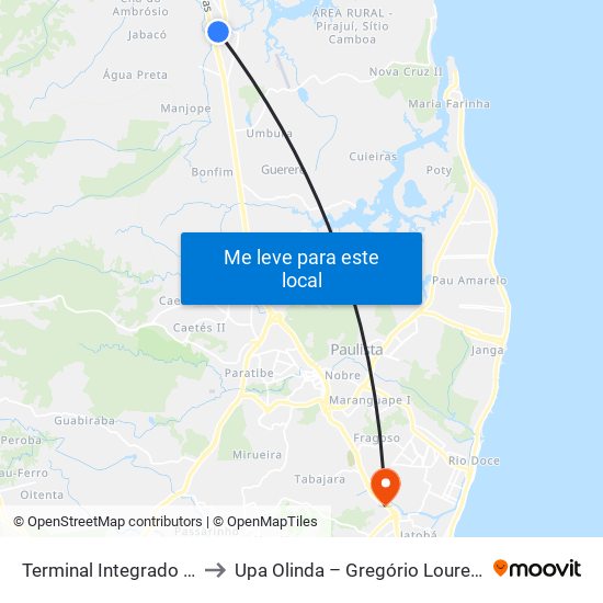 Terminal Integrado Igarassu to Upa Olinda – Gregório Lourenço Bezerra map