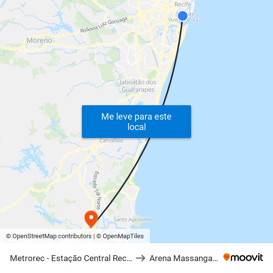 Metrorec - Estação Central Recife to Arena Massangana map