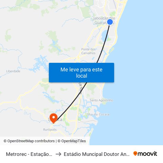 Metrorec - Estação Cajueiro Seco to Estádio Muncipal Doutor Antônio Dourado Neto map