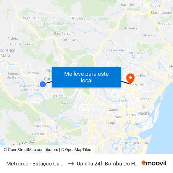 Metrorec - Estação Camaragibe to Upinha 24h Bomba Do Hemetério map