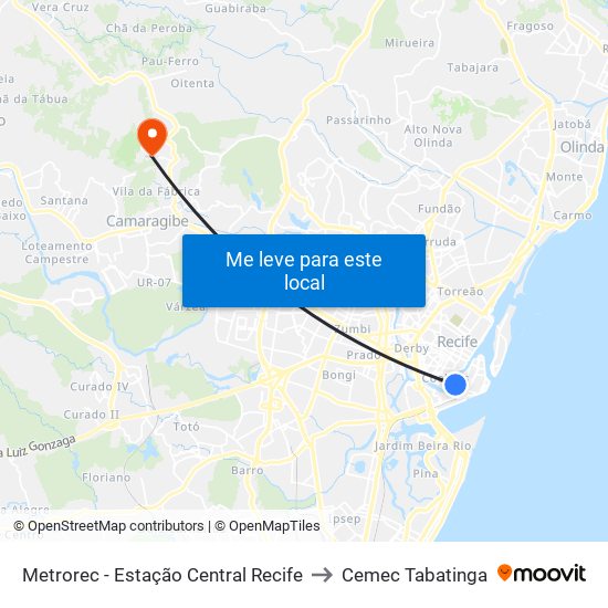 Metrorec - Estação Central Recife to Cemec Tabatinga map