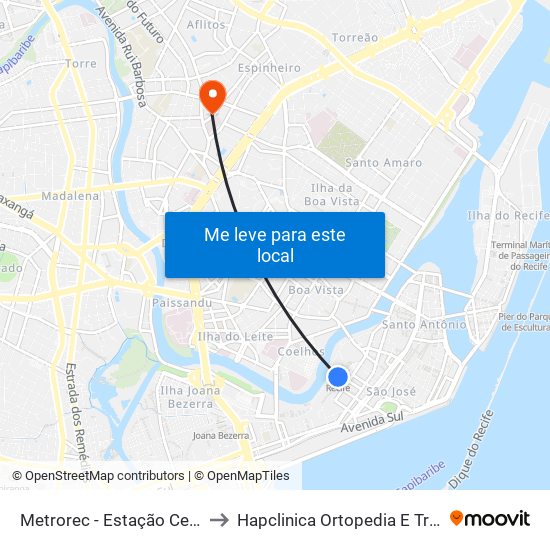 Metrorec - Estação Central Recife to Hapclinica Ortopedia E Traumatologia map