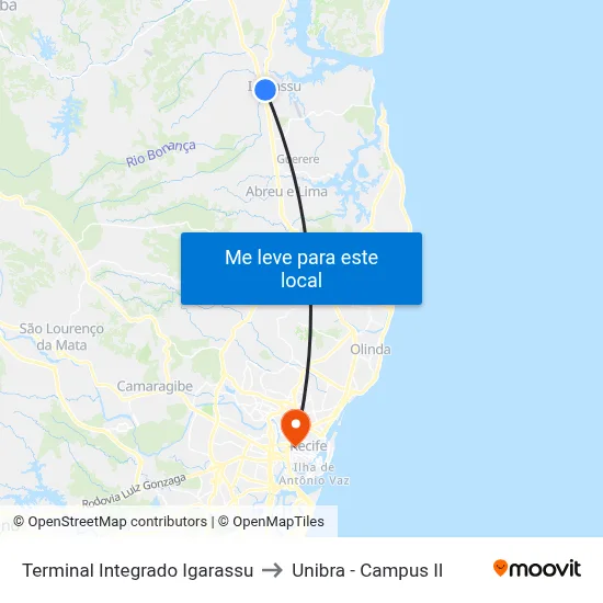 Terminal Integrado Igarassu to Unibra - Campus II map