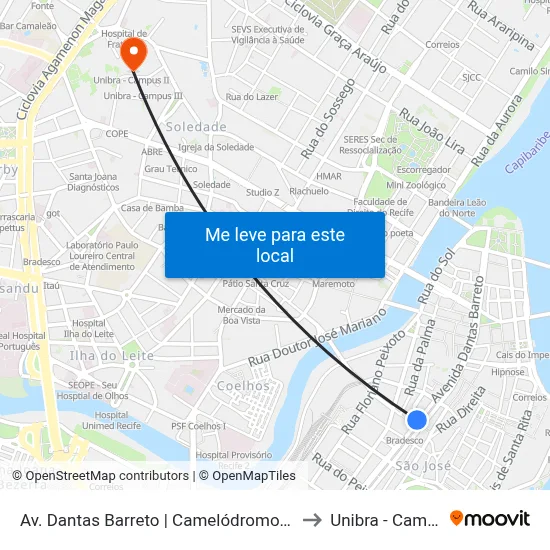 Av. Dantas Barreto | Camelódromo - Parada 3 to Unibra - Campus II map