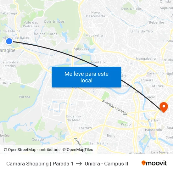 Camará Shopping | Parada 1 to Unibra - Campus II map