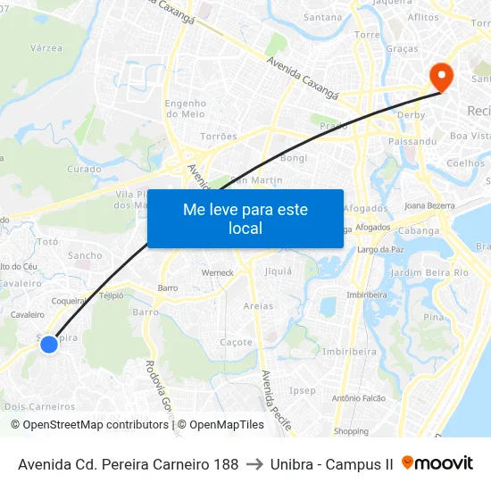 Avenida Cd. Pereira Carneiro 188 to Unibra - Campus II map