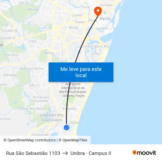 Rua São Sebastião 1103 to Unibra - Campus II map