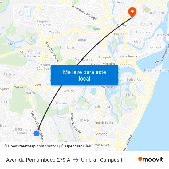 Avenida Pernambuco 279 A to Unibra - Campus II map