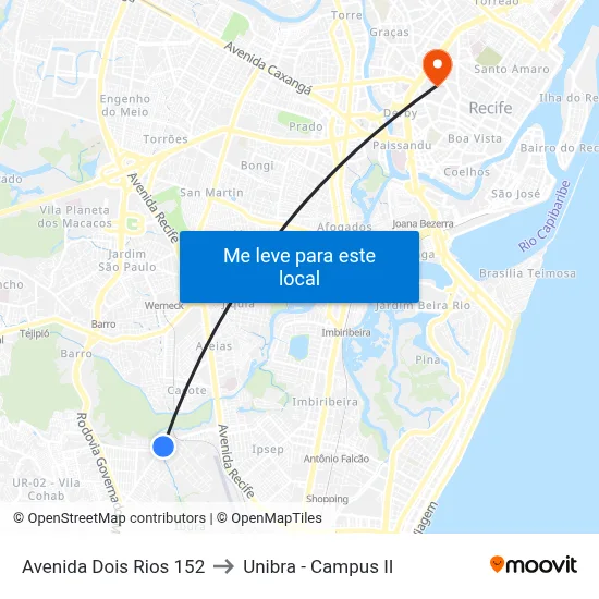 Avenida Dois Rios 152 to Unibra - Campus II map
