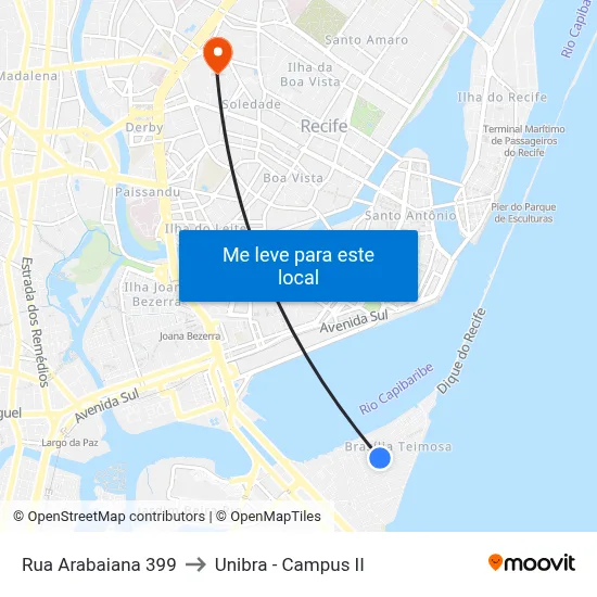 Rua Arabaiana 399 to Unibra - Campus II map