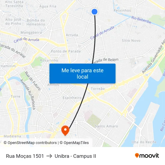Rua Moças 1501 to Unibra - Campus II map