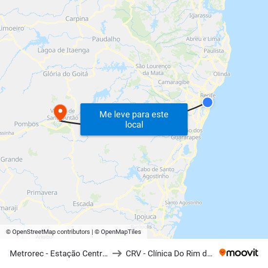 Metrorec - Estação Central Recife to CRV - Clínica Do Rim de Vitória map