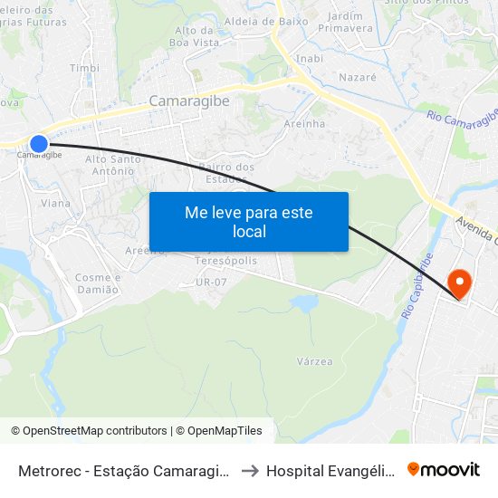 Metrorec - Estação Camaragibe to Hospital Evangélico map