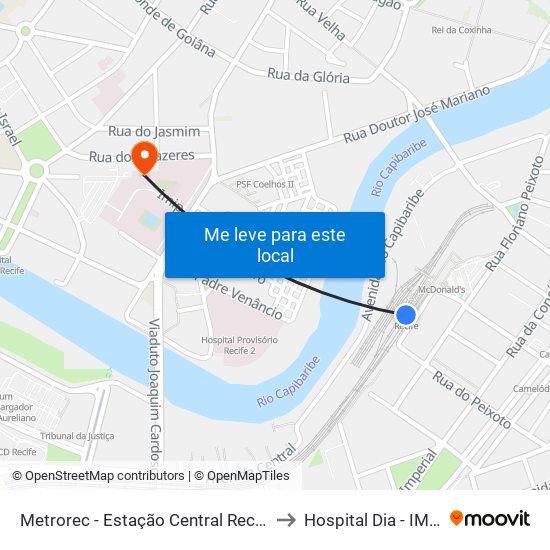 Metrorec - Estação Central Recife to Hospital Dia - IMIP map