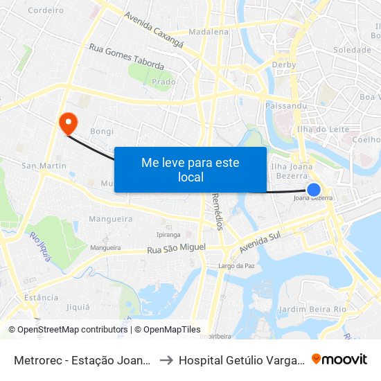 Metrorec - Estação Joana Bezerra to Hospital Getúlio Vargas - UTI 1 map