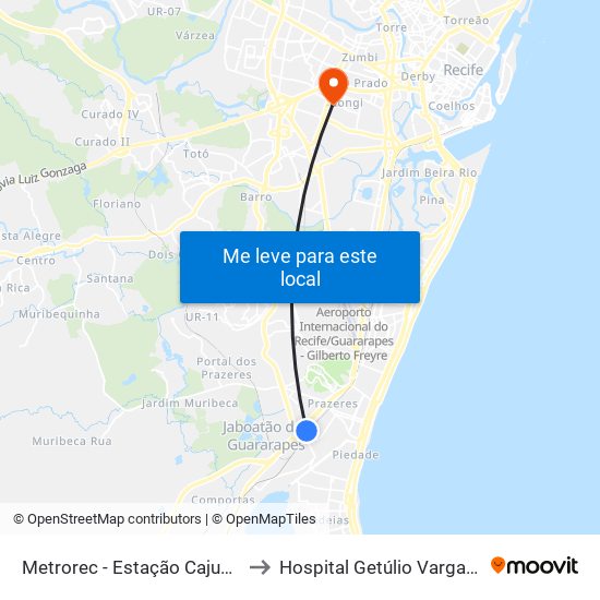 Metrorec - Estação Cajueiro Seco to Hospital Getúlio Vargas - UTI 1 map