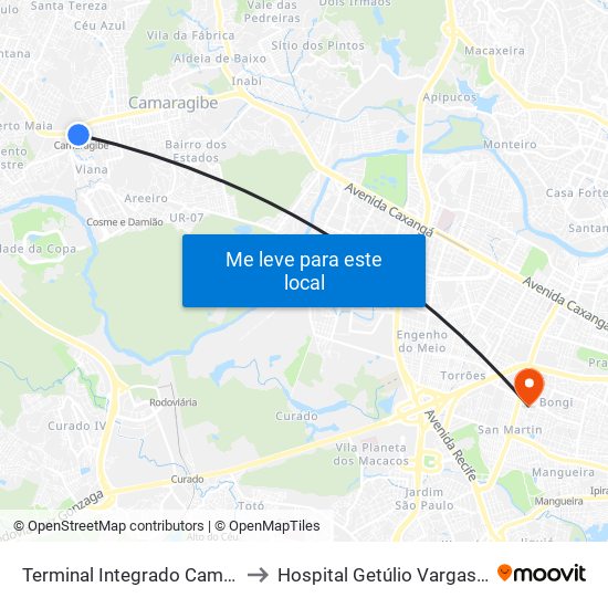 Terminal Integrado Camaragibe to Hospital Getúlio Vargas - UTI 1 map