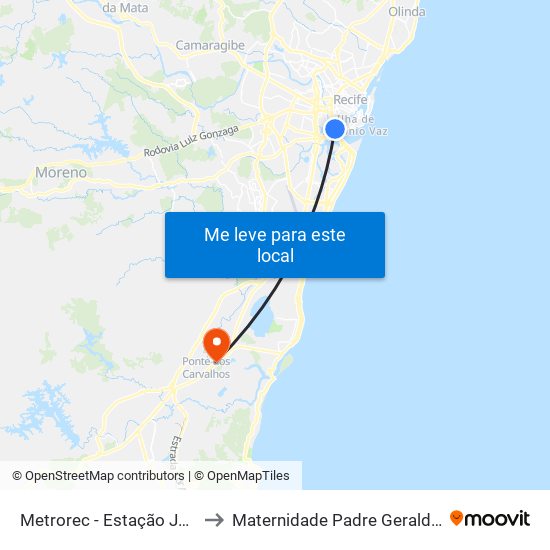 Metrorec - Estação Joana Bezerra to Maternidade Padre Geraldo Leite Barros map