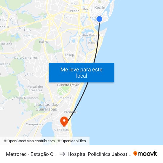 Metrorec - Estação Central Recife to Hospital Policlinica Jaboatao Guararapes map