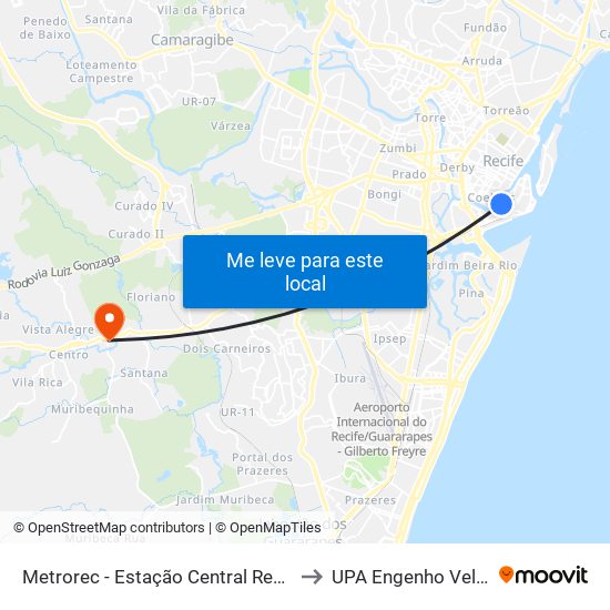 Metrorec - Estação Central Recife to UPA Engenho Velho map