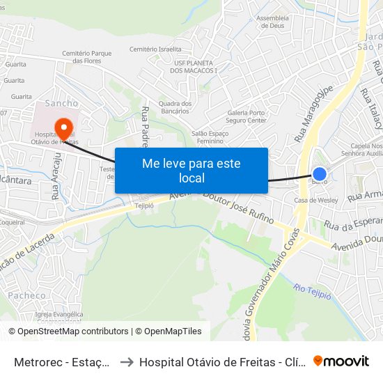 Metrorec - Estação Barro to Hospital Otávio de Freitas - Clínica Médica map